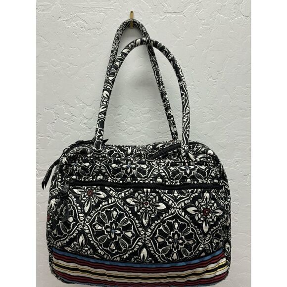 Vera Bradley Handbags - Vera Bradley Black & White Floral Satchel Bag Purse Handbag Striped Bottom